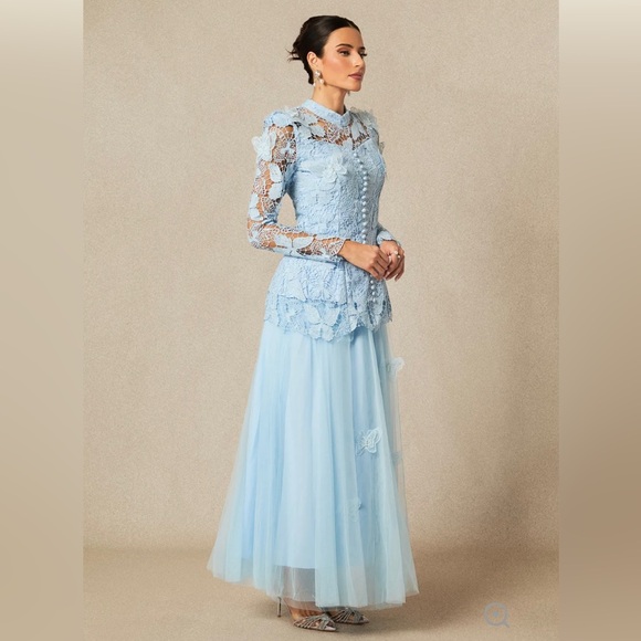 Embroidered Light Blue Lace Maxi Dress | Long Sleeve Formal | New with Tags - Picture 6 of 11